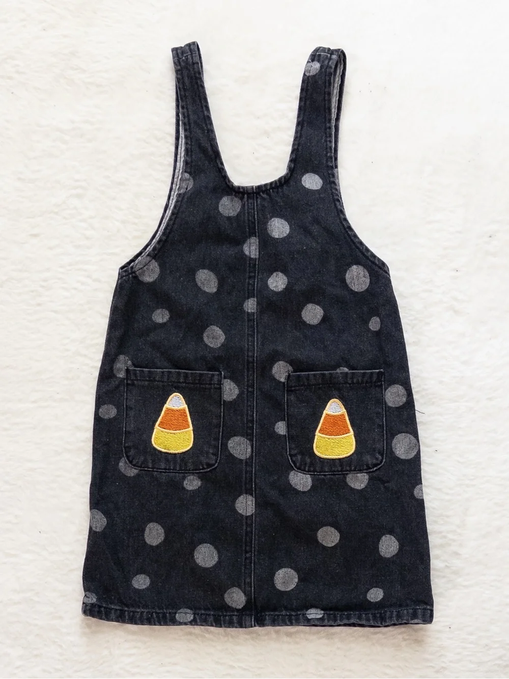 Girls Black Polka Dot Denim Jumper Dress with Candy Corn Pockets - Size XL